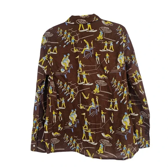J McLaughlin Lois Button Up Shirt XL Brown AOP Retro Beach Ski Resort Vacation - Picture 4 of 10